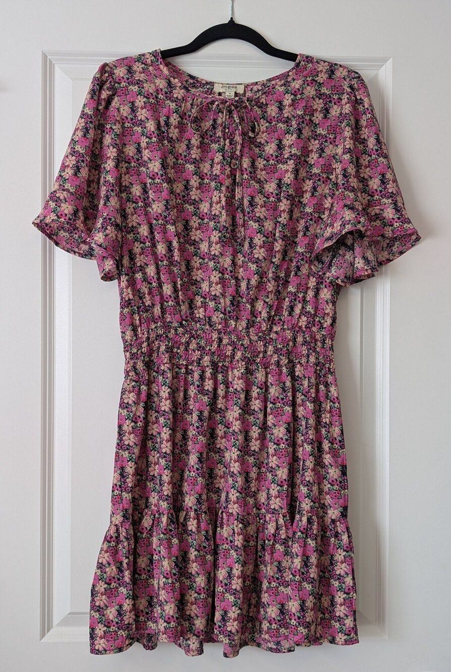 Umgee Romantic Pink Floral Metallic Fairycore Cottagecore Mini Dress Size Medium